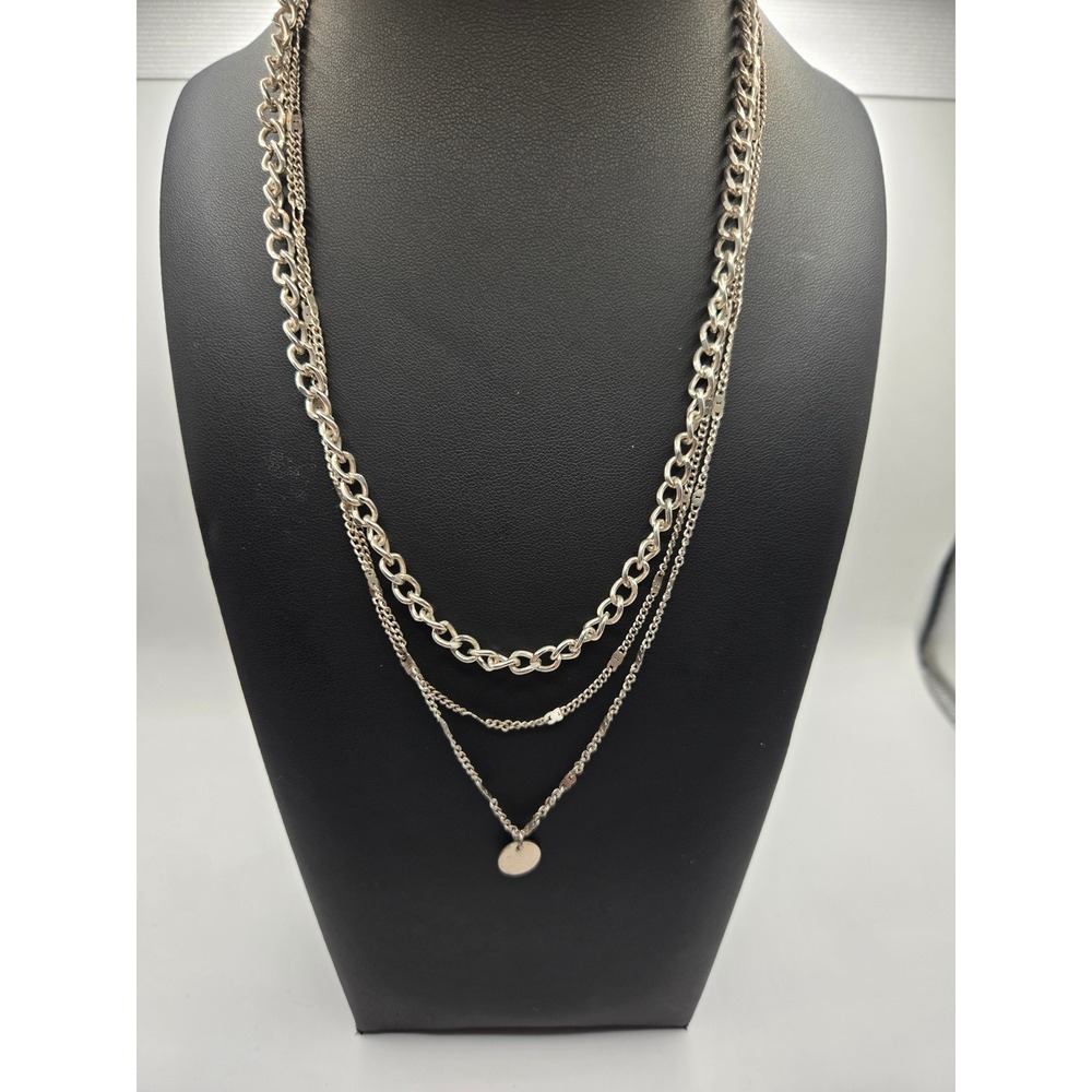 Silver Tone Multi Layered Chain Necklace with Round Disc Pendant 20 Inch